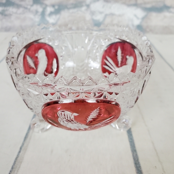 Vintage German Hofbauer Byrdes Bird Ruby Flashed Crystal Footed Candy Dish - Picture 3 of 10